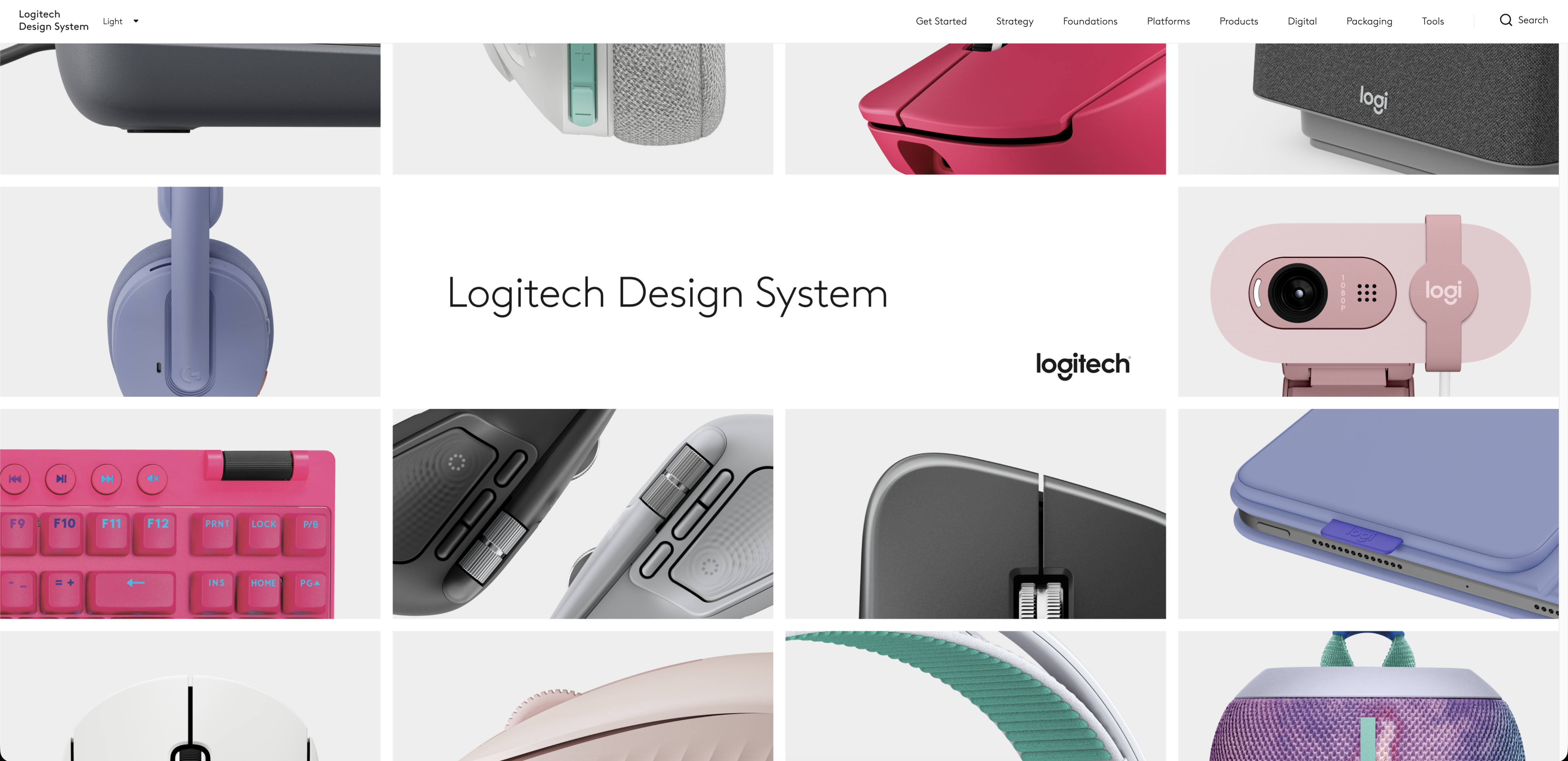 Logitech Design System portal main page showing product grid and navigation