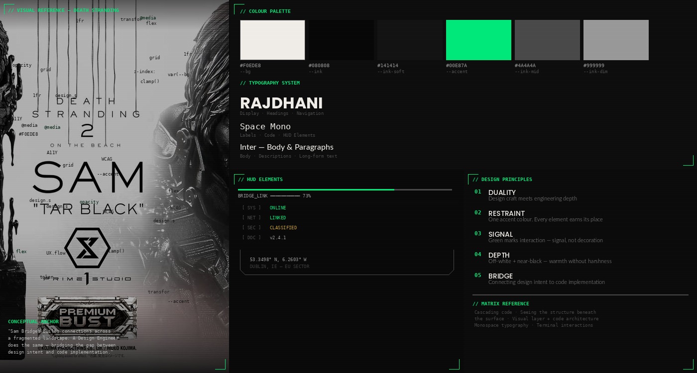 Visual references moodboard — Death Stranding HUD, Matrix code cascade, colour palette, typography samples