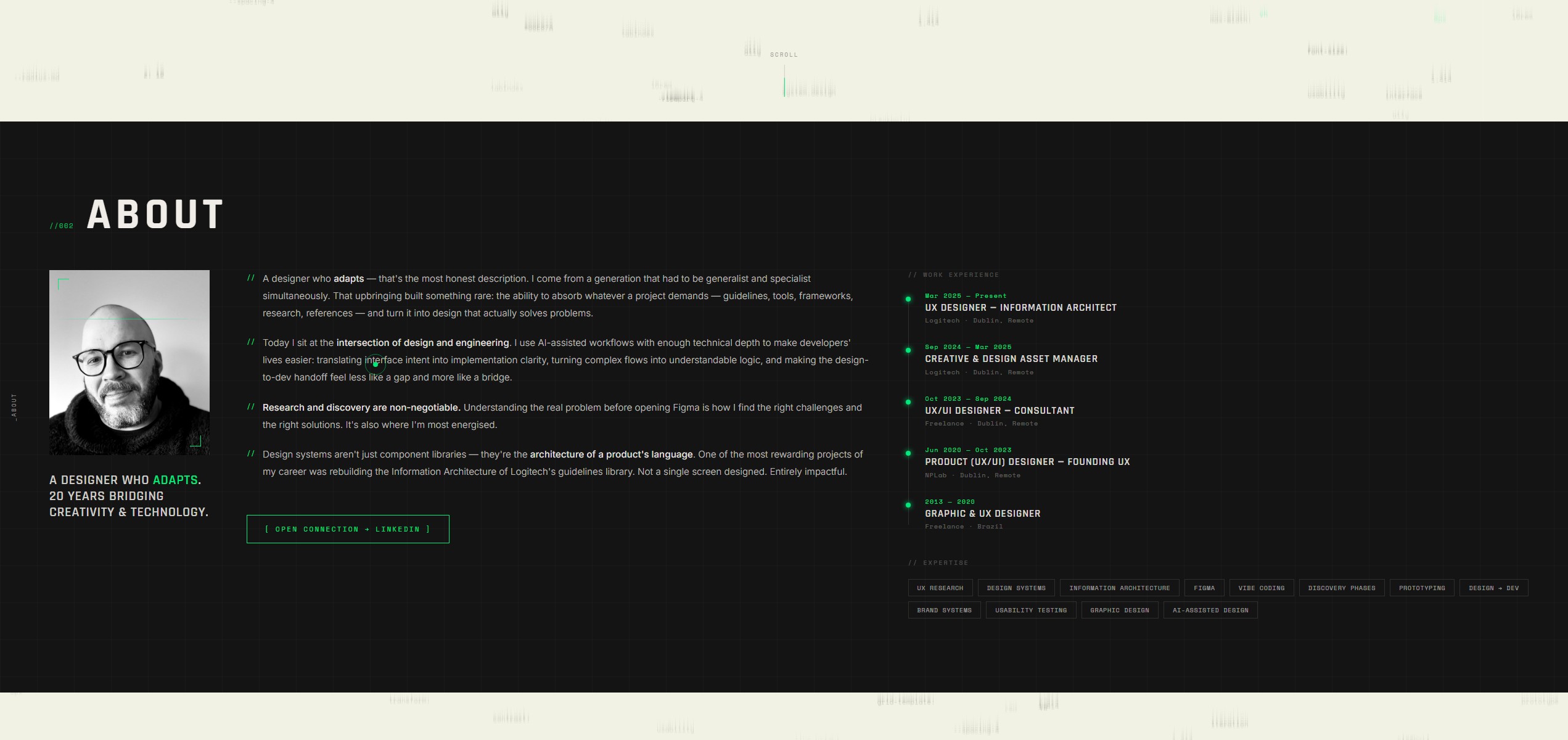 About section with timeline