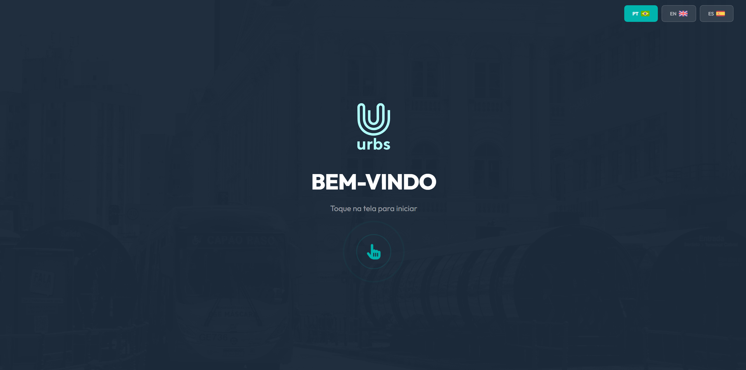 URBS Totem prototype welcome screen — multilingual, split-screen layout with Curitiba background